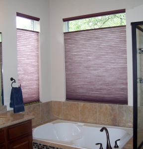 Master bathroom windows with honeycomb shades