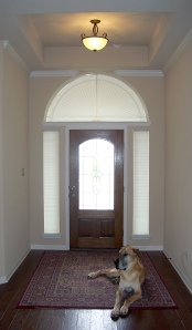 Front door entry way with honeycomb shades